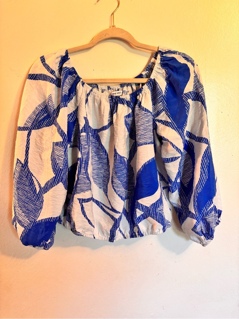 Nine West Blue and White Off-Shoulder Balloon Sleeve Top